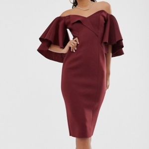 ASOS Cape Flutter Bardot Midi Dress - Burgundy